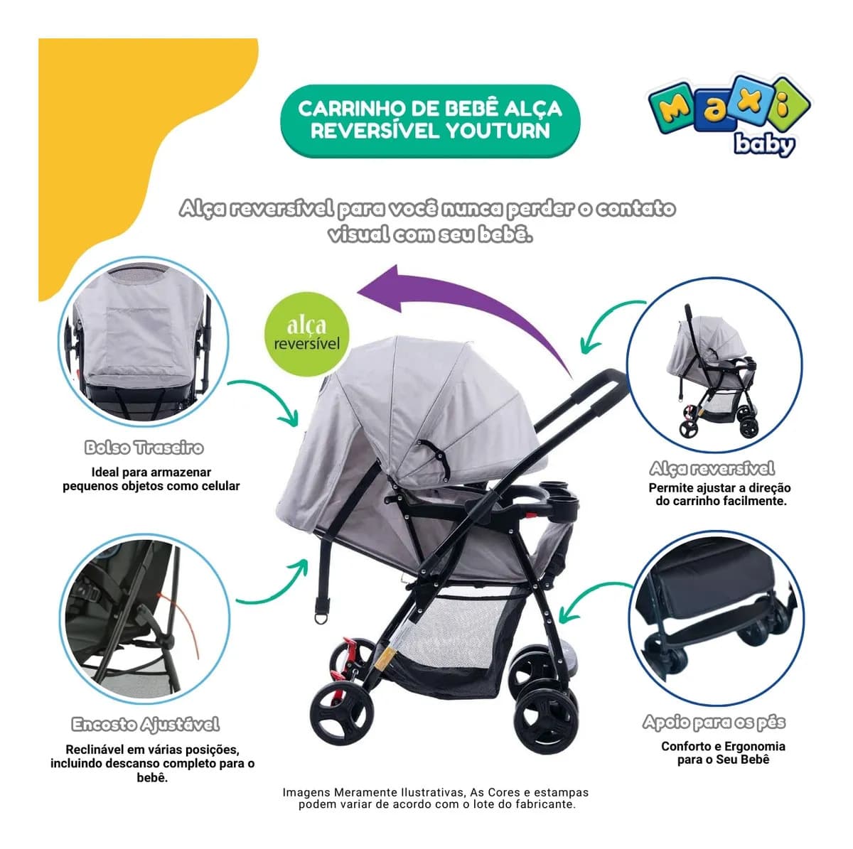 Carrinho de Bebê Maxi Baby Youturn Cinza Alça Reversível Dobrável Compacto até 15kg Recém-Nascido a 3 Anos Cinto 5 Pontos Capota Retrátil Bandeja Removível 4 Ro — imagem 2