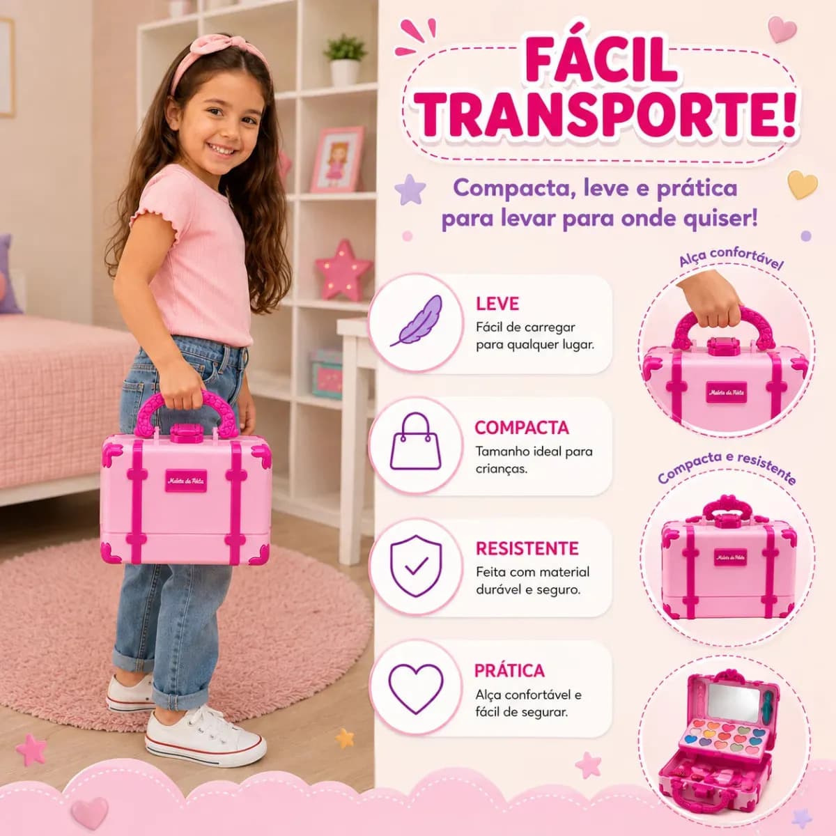Maleta De Maquiagem Infantil Lavável Com Espelho Kit Completo 32 Peças Antialérgica Presente Menina Mompas — imagem 4