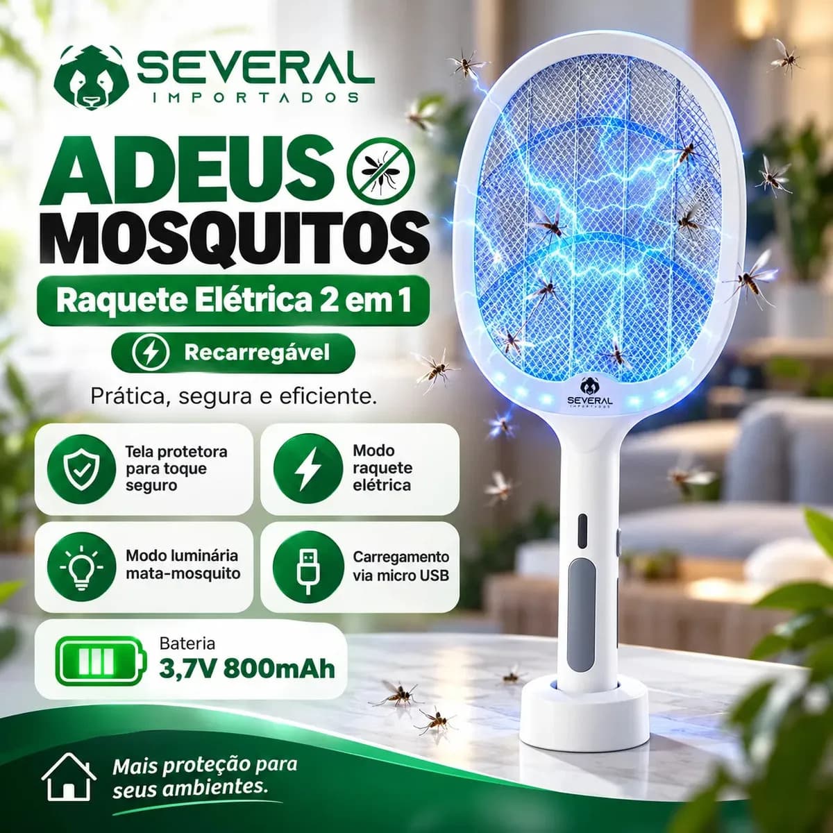 Raquete Elétrica Several Importados Recarregável Mata Pernilongos Mosquitos E Atrai Com Iluminação UV