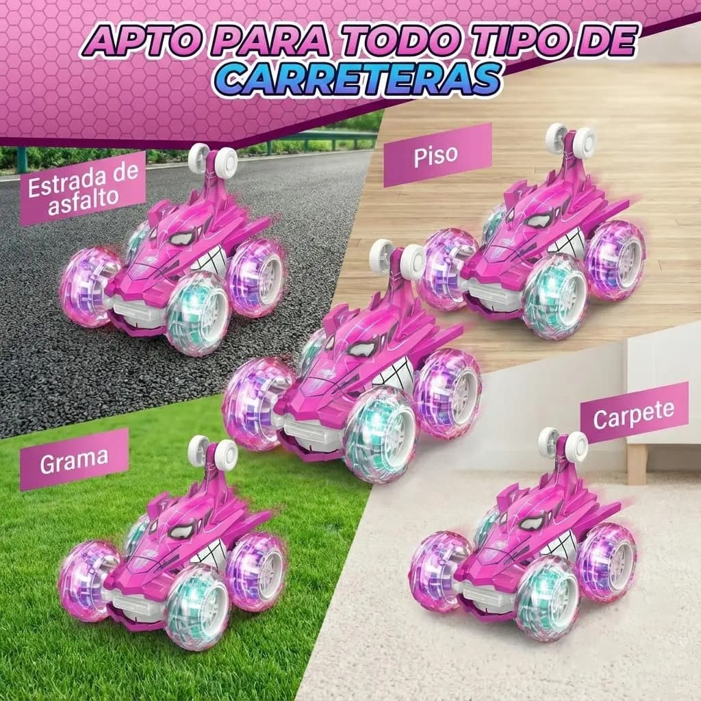 Carrinho Recarregável Controle Remoto Acrobata Gira 360 Graus Aranha Spider Rosa Pink Com Luzes Color Efeitos Especiai Colorido Brinquedo Encantado Infantil Men — imagem 3