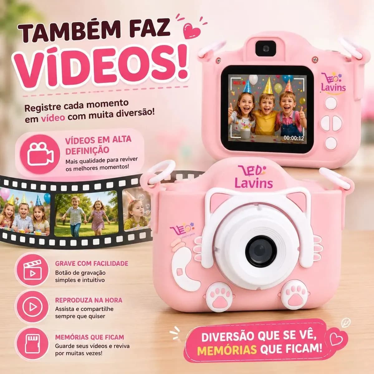Camera Digital Infantil Gato Fotos Jogos Com Anti Queda Alça Marca Lavins — imagem 5