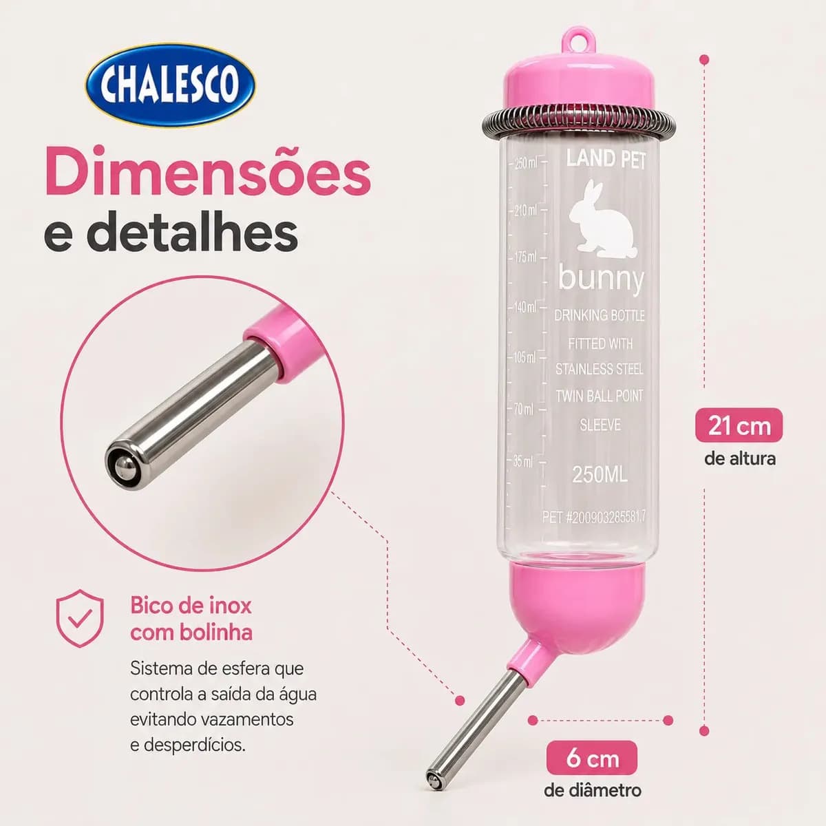 Drinker Bebedouro Para Porquinho Da India Hamster Coelho 250ml Chalesco Cor Rosa — imagem 4