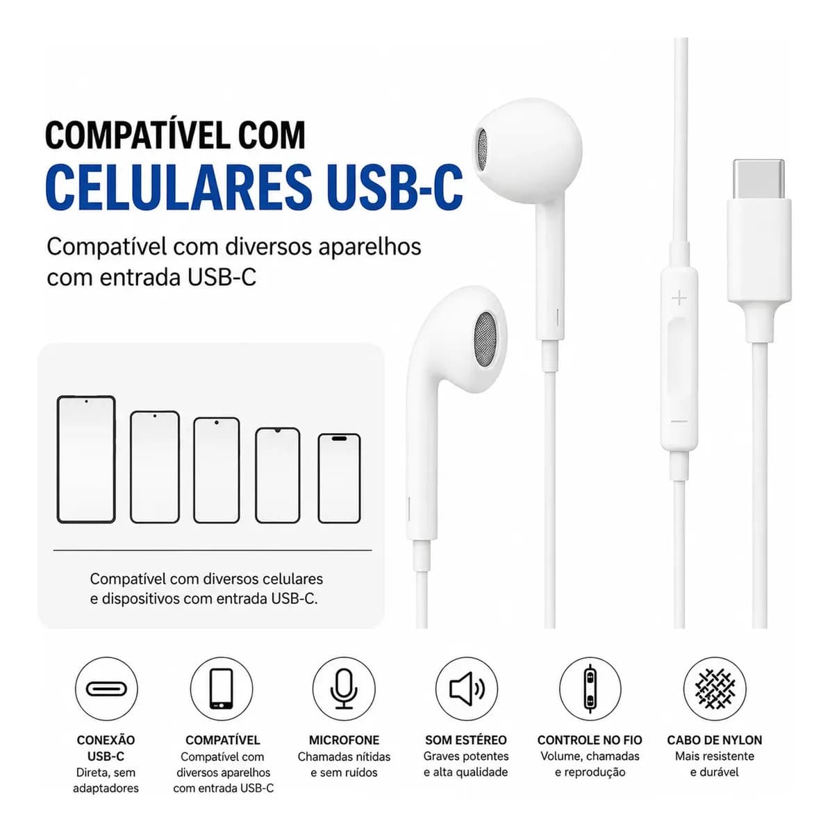Fones De Ouvido Usb-c Tipo C Com Microfone Integrado Som Estéreo Alta Qualidade Controle De Chamadas Compatível Com iPhone 15 16 17 Android Samsung Xiaomi Motor — imagem 6