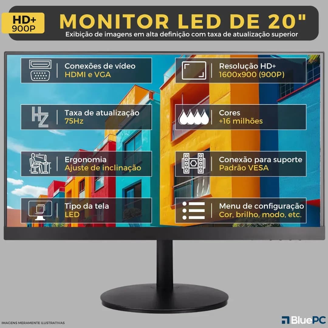 Computador Completo Intel Core i5 4570 (4ª Geração), 16GB RAM, SSD 256GB, Monitor 20" 75Hz HDMI, Windows 10 Pro, Preto, Bivolt - BluePC Office CDF-099OF — imagem 3