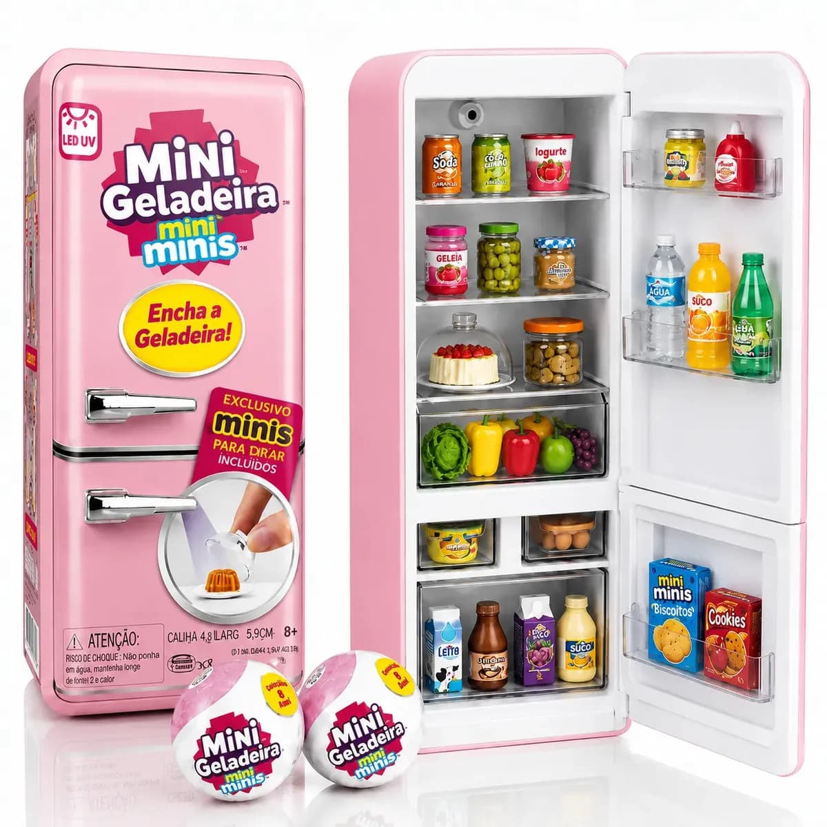 Mini Geladeira de Brinquedo Epsilon Rosa com Luz LED e 2 Cápsulas Surpresa