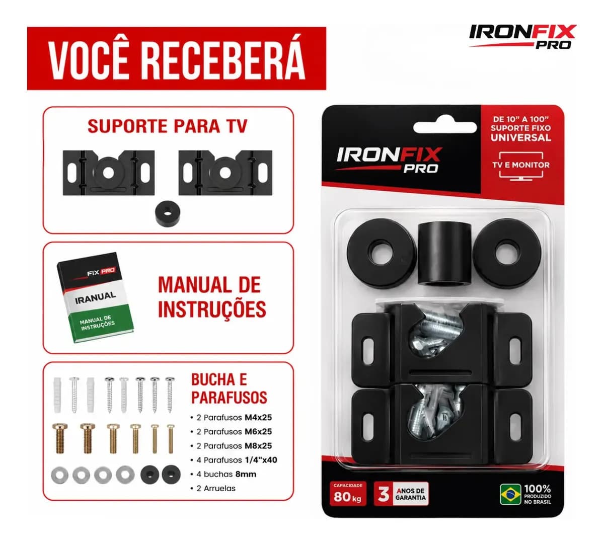 Suporte Tv Fixo Universal IRONFIX PRO Parede Painel Teto 10 24 32 43 50 55 60 75 100 Polegadas — imagem 6