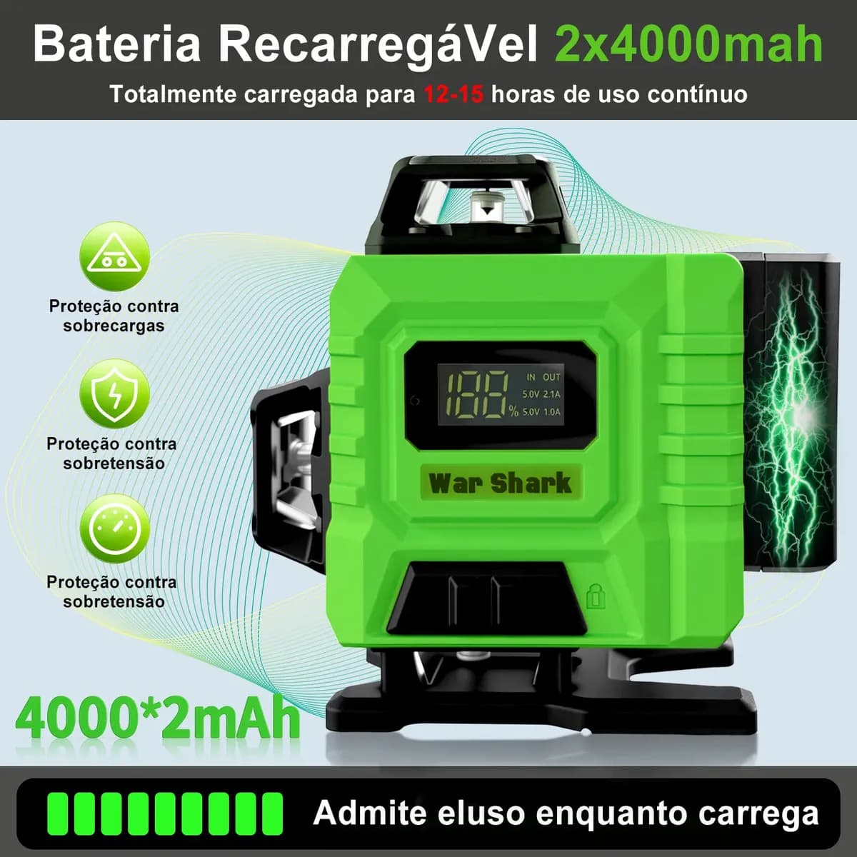 Nível Laser Verde 16 Linhas War Shark 360° Autonivelante + 2 Baterias — imagem 3