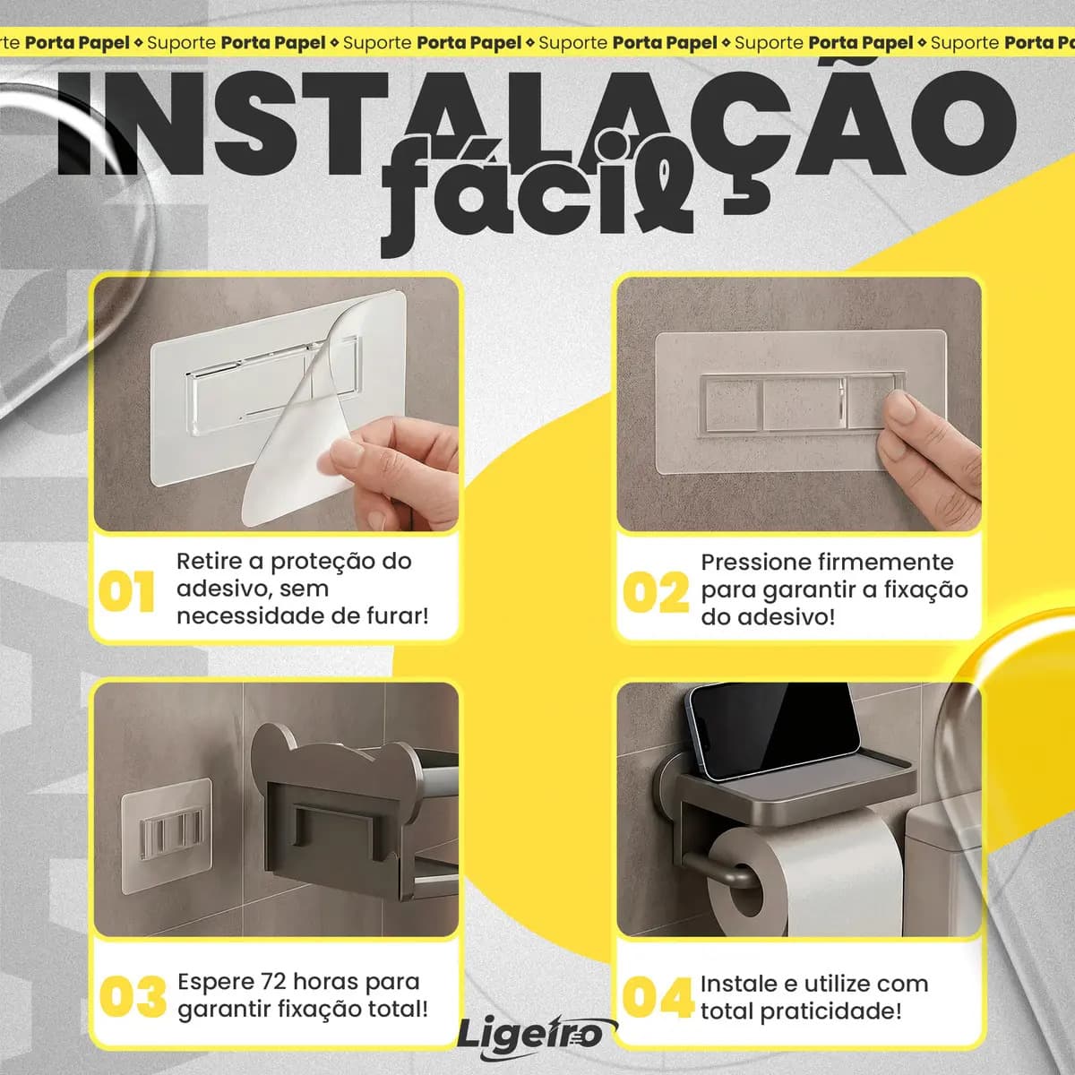 Suporte Papel Higiênico Adesivo de Parede com Prateleira Porta Celular Sem Furo Ligeiro — imagem 3