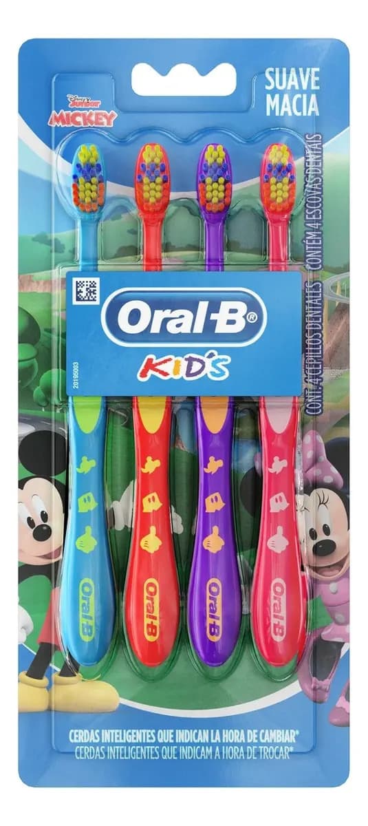 Escova de Dentes Infantil Oral B Kids, para uma Limpeza Completa, Cerdas Macias, 4 Unidades, Multicolor