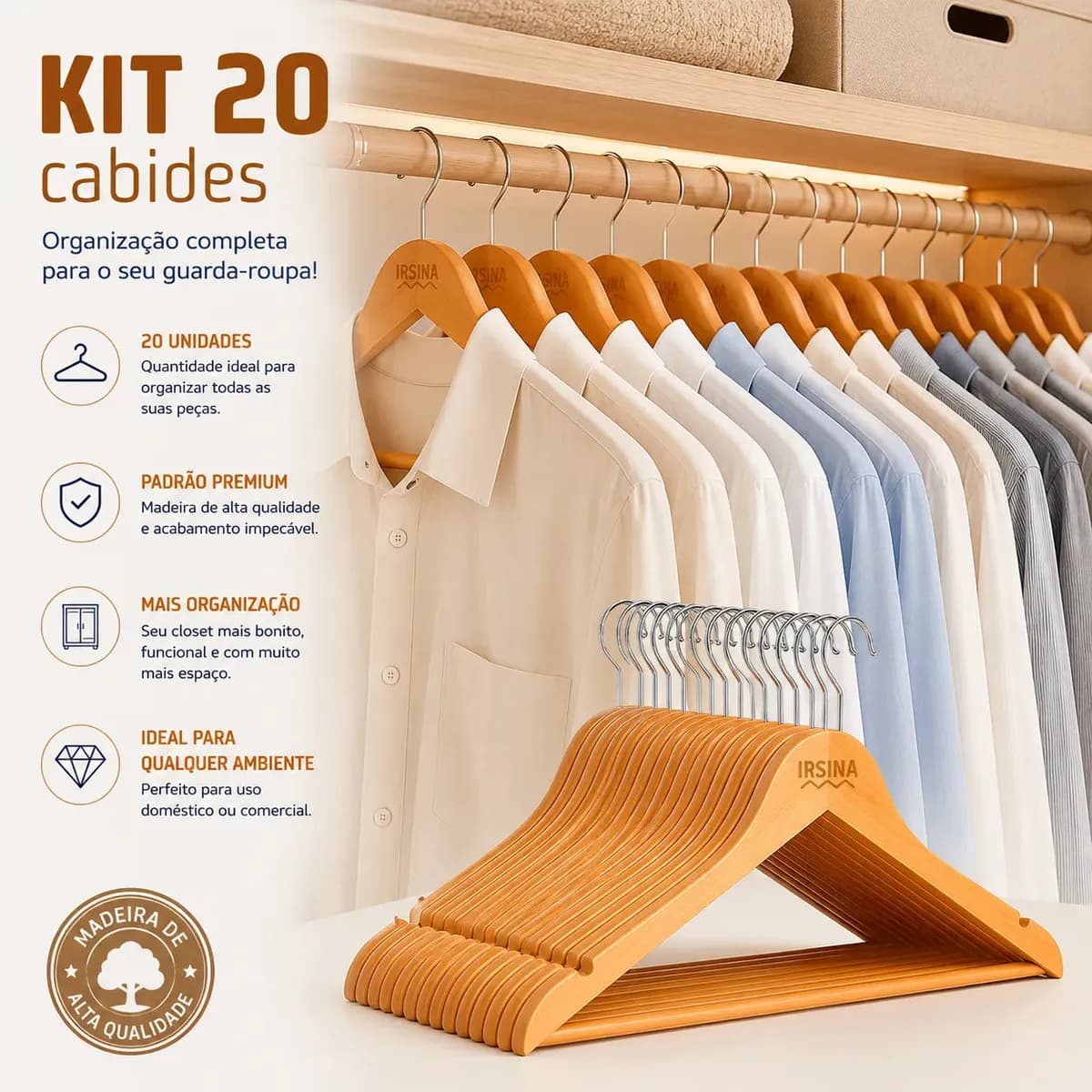 Kit Cabide Madeira Mafim Antiderrapante para Roupa Adulto Reforçado Irsina — imagem 3