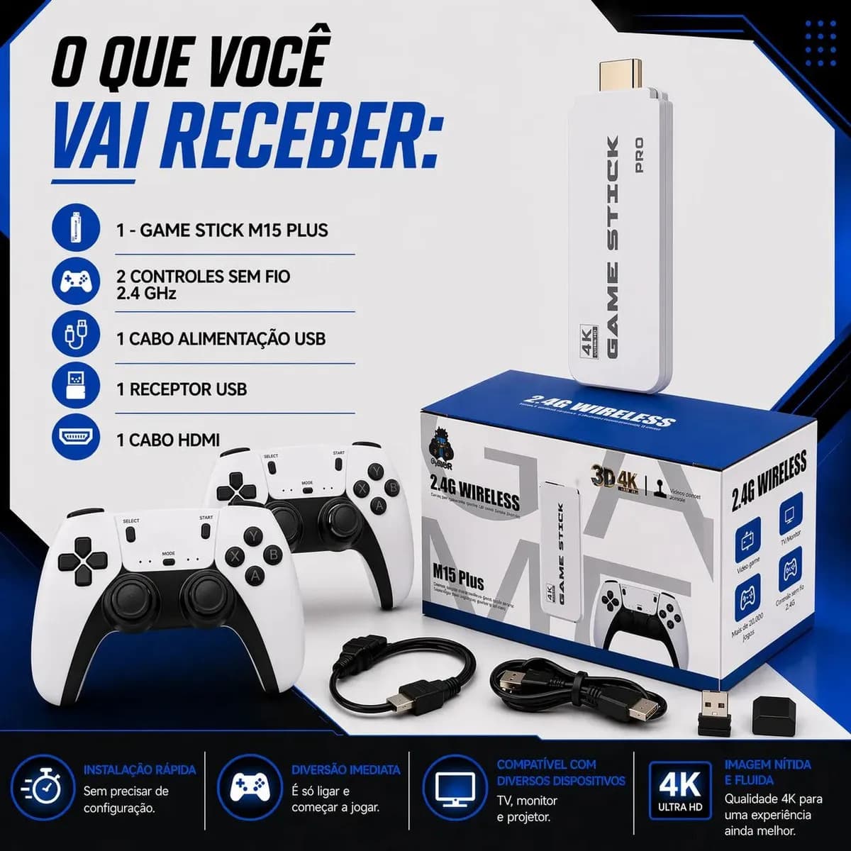 Adaptador Videogame M15 Hdmi 2 Controles Players Branco Bivolt Stick Usb — imagem 5