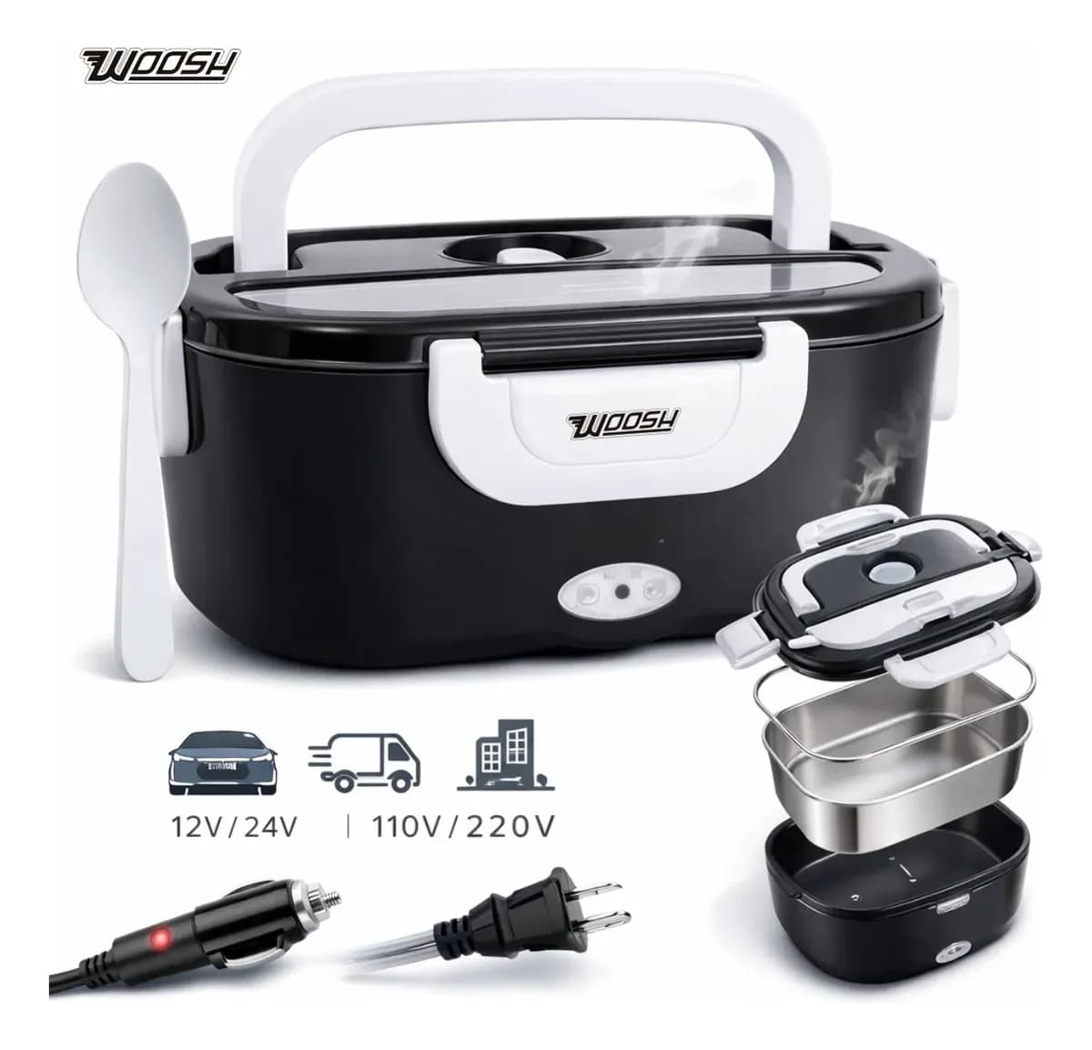 Marmita Elétrica Preta Bivolt Portátil Doméstica 110/220v Veicular 12/24v Lancheira 1.5l Com Divisórias Esquenta Rápido Refeições Práticas Trabalho Casa Carro C