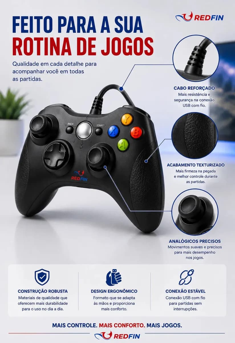 Controle Para Xbox 360 Com Fio USB Joystick Manete Gamepad Controle PC Gamer Para Computador Windows Steam Game Pass Android Gamepass TV Vibração Analógico Ergo — imagem 6