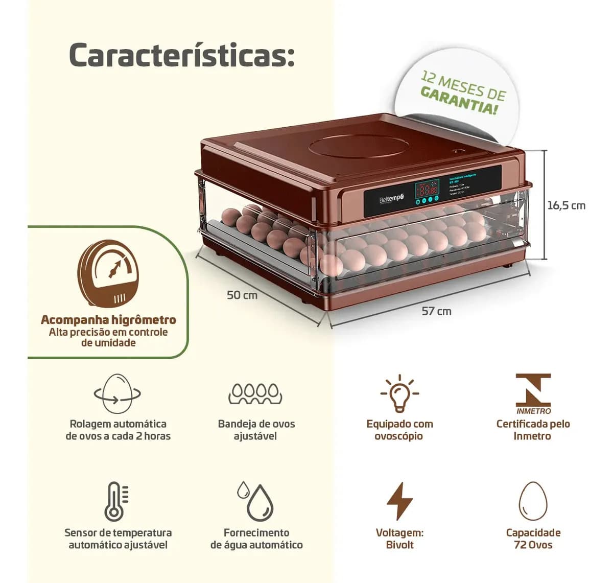 Chocadeira Automática 72 Ovos Com Medidor De Umidade Lavável Bivolt Ovoscópio Certificada Inmetro BT-420 Beltempo — imagem 5