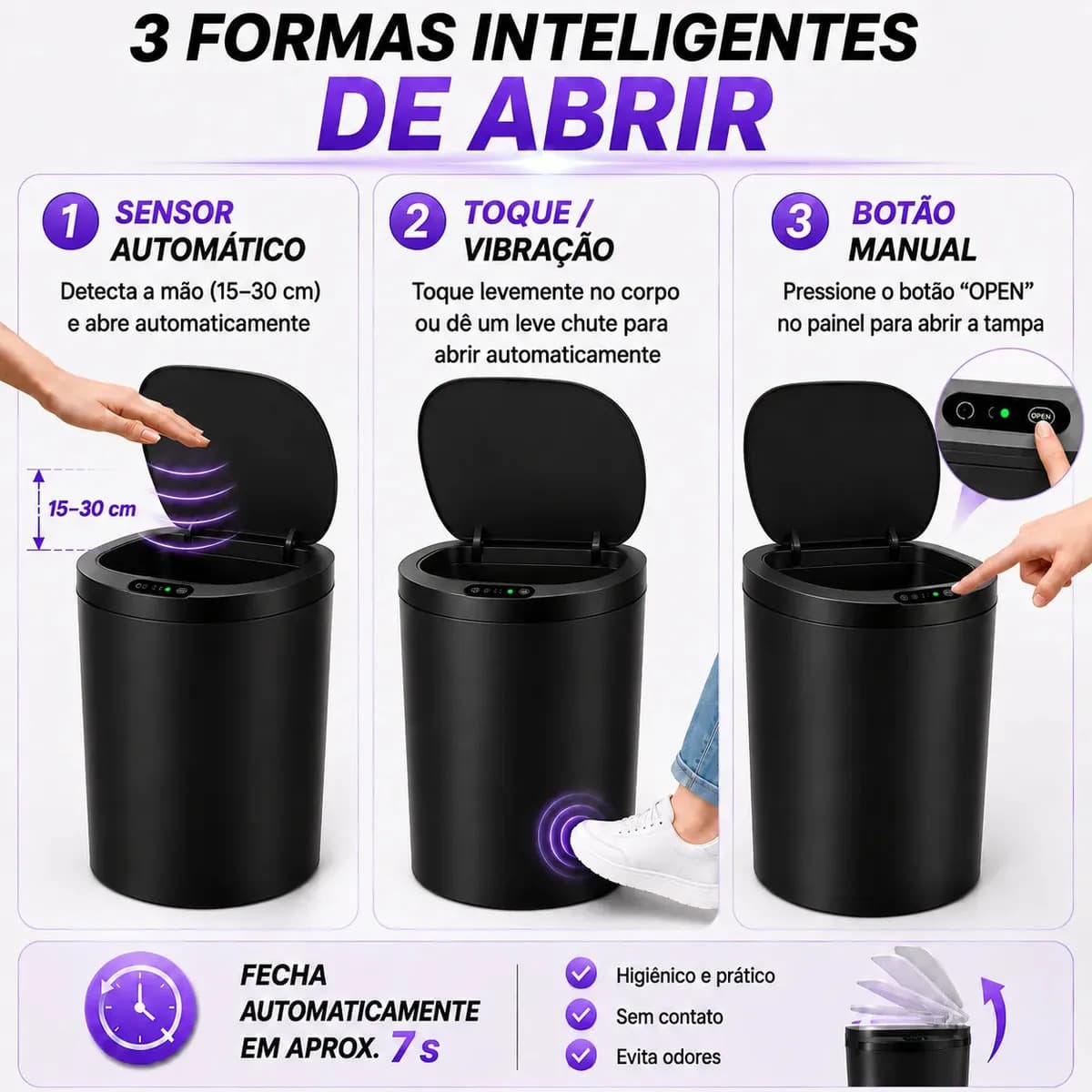 Lixeira Inteligente Automática Redonda Recarregável USB‐C Sensor para Cozinha Banheiro Escritório — imagem 2