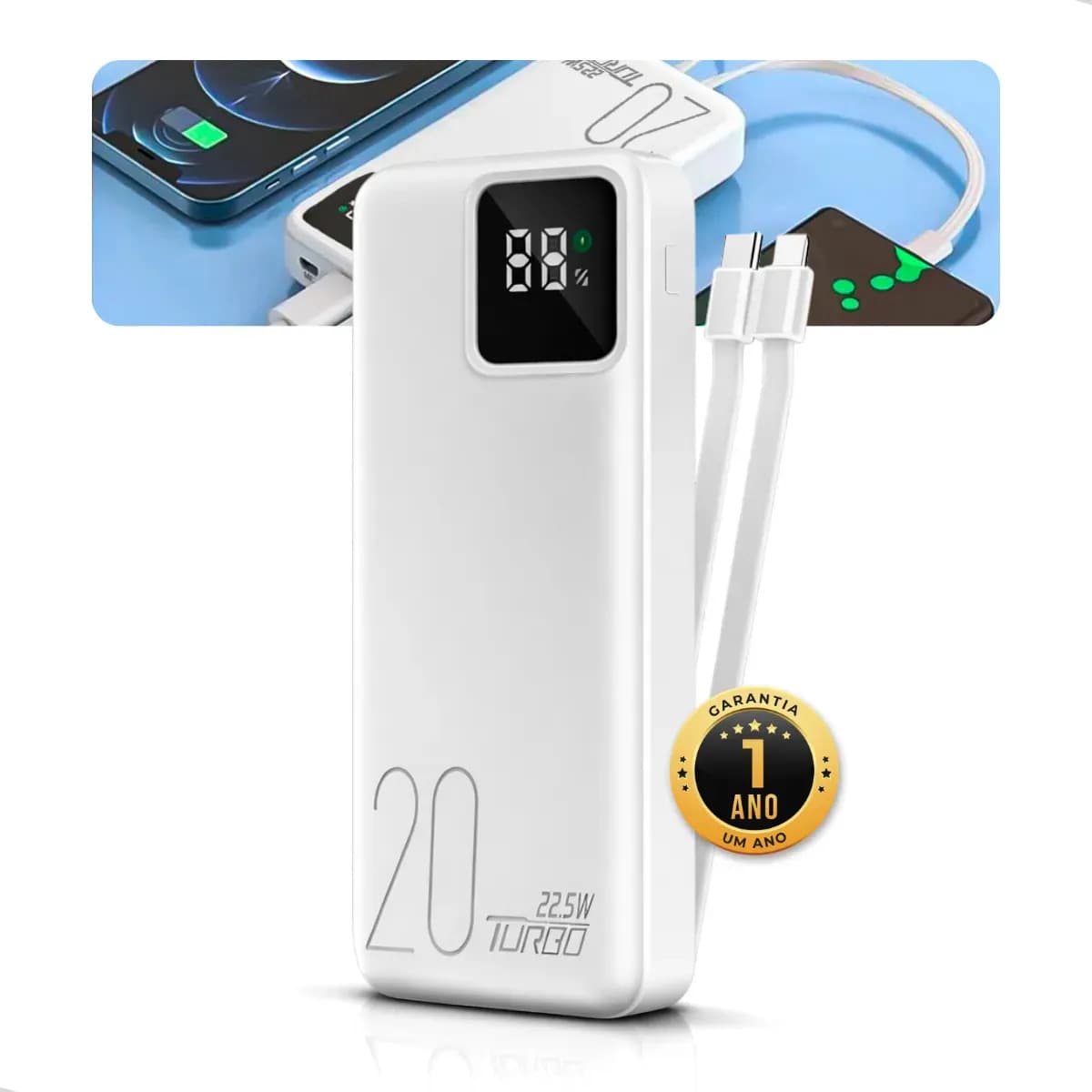 Power Bank Nixzen 20.000 mAh com Carregamento Rápido Turbo para Celular USB-C