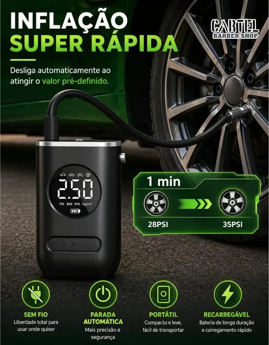 Mini Compressor Digital Portátil Cartel Barber Shop para Carro Moto e Bicicleta com Calibrador Digital Inflador Elétrico de Pneus 12V Display LCD Lanterna LED C — imagem 4