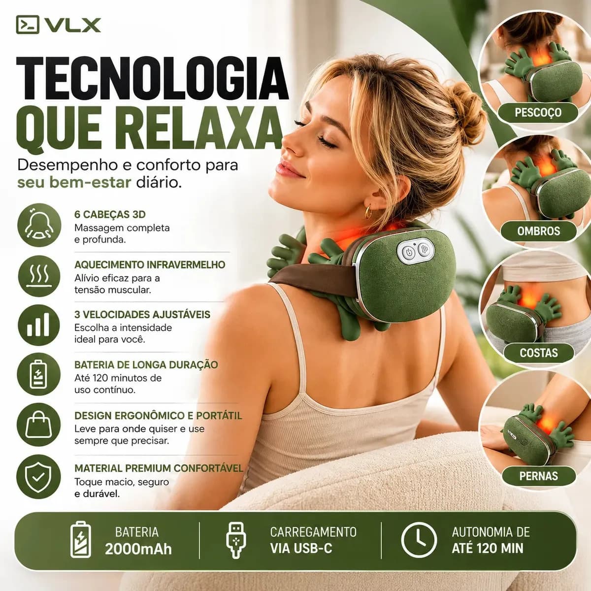 Massageador Elétrico VLX Maozinha Deep 3D Recarregável, para Pescoço e Ombros com Calor — imagem 2