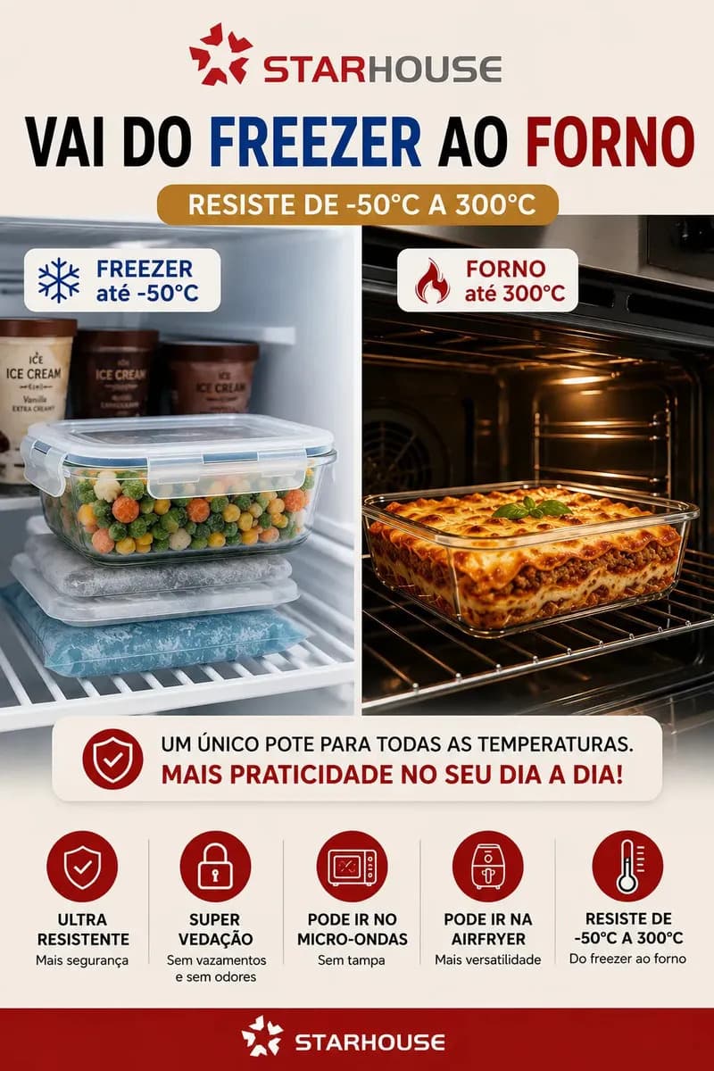 Kit 10 Potes Herméticos Vidro 640ml Starhouse Marmita Forno Micro-ondas Airfryer com 4 travas de super vedação — imagem 3
