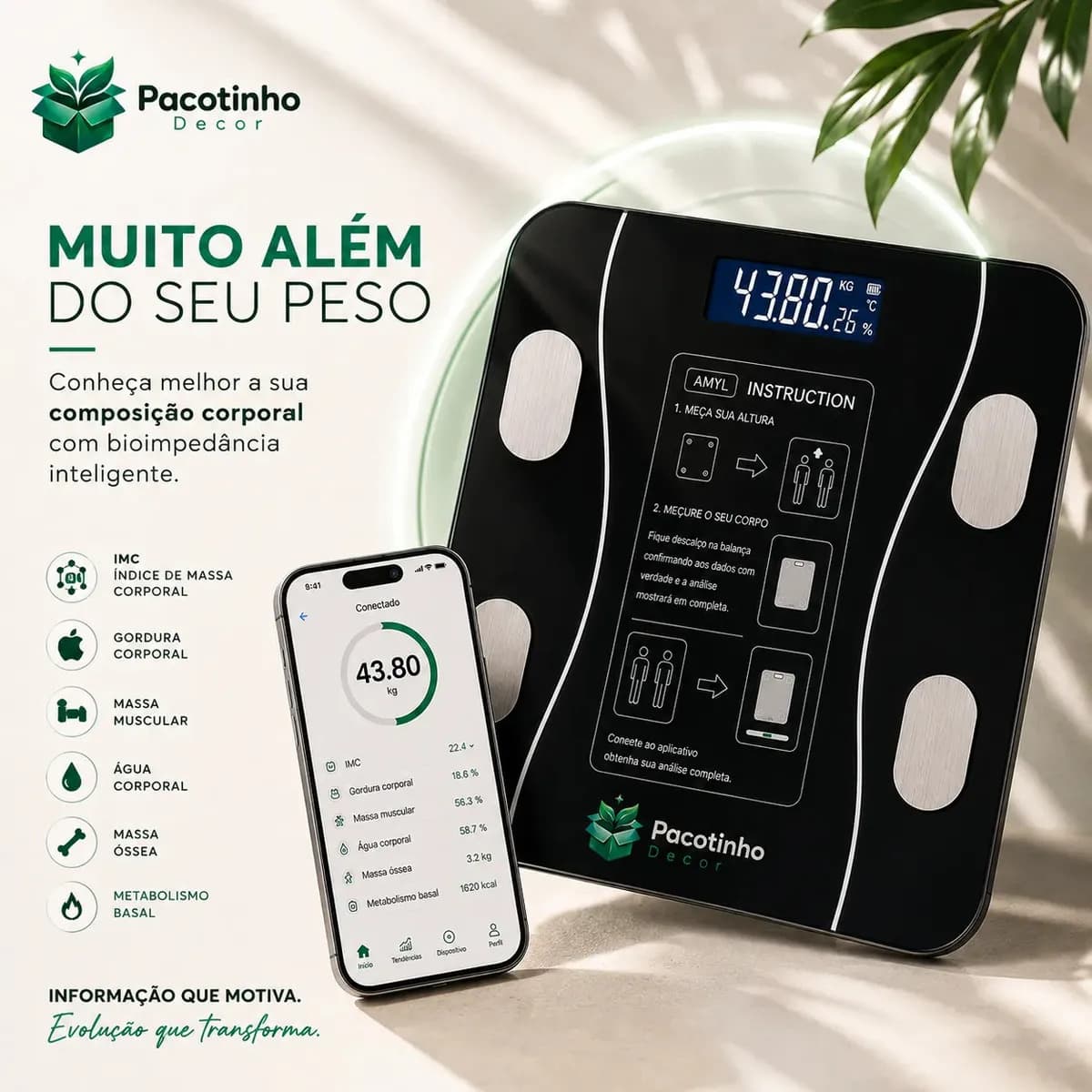 Balança Digital Smart Bioimpedância 180kg Bluetooth IMC Corporal App Android iOS Pacotinho Decor — imagem 2