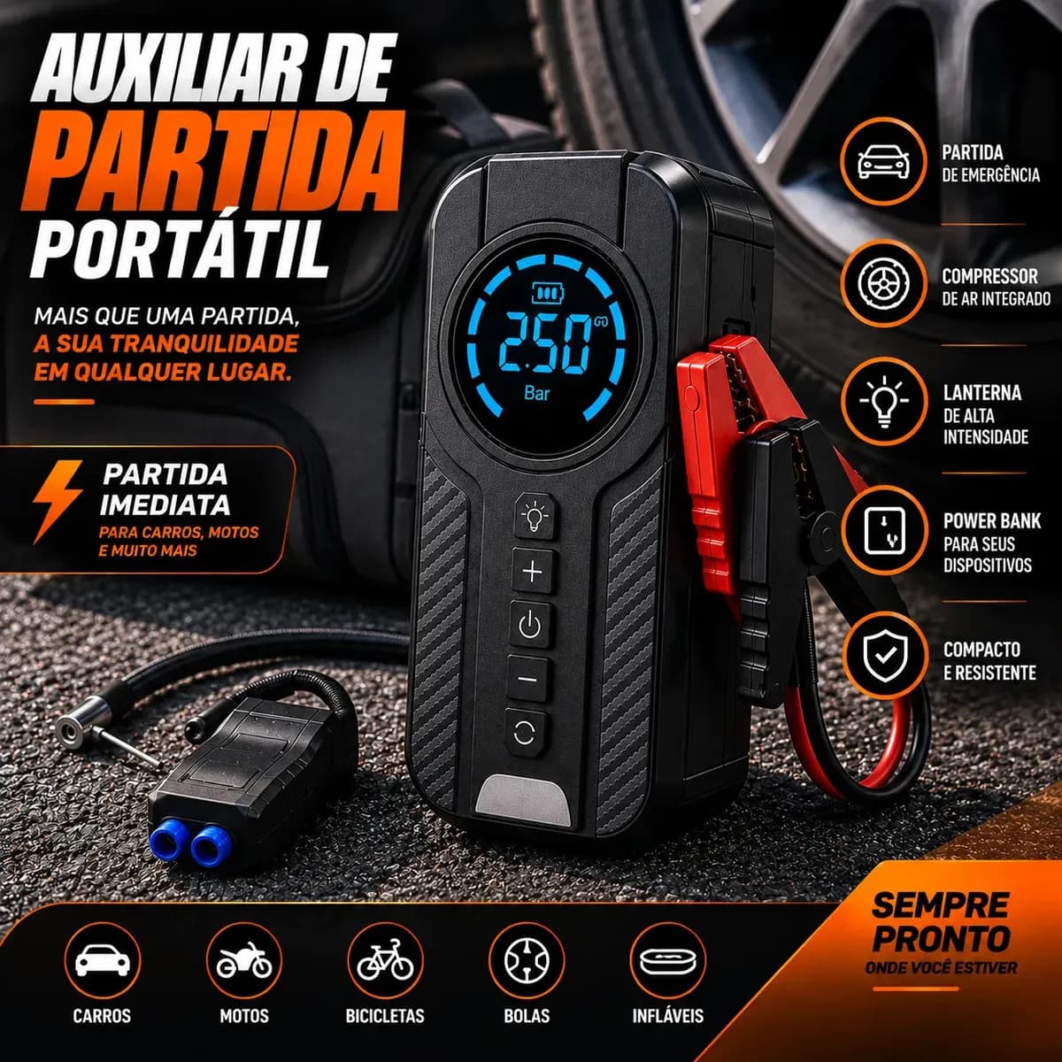 Auxiliar De Partida Bateria Carro Compressor De Ar Portátil 12V 4 funções em 1 Inflador Digital Calibrador Pneu Power Bank Lanterna LED Emergência Automotiva Mo — imagem 2
