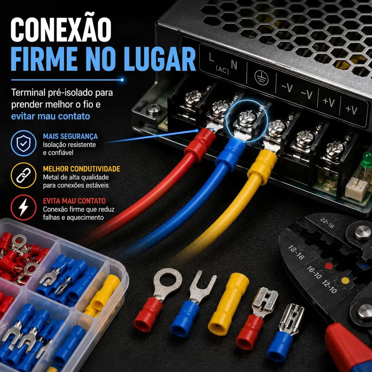 Kit 295 Terminais Elétricos Conectores Pré-isolado Conector Emenda Chicote Crimpar forquilha Olhal Garfo Luva Faston Automotivo Variados Macho Fêmea Com Caixa O — imagem 4
