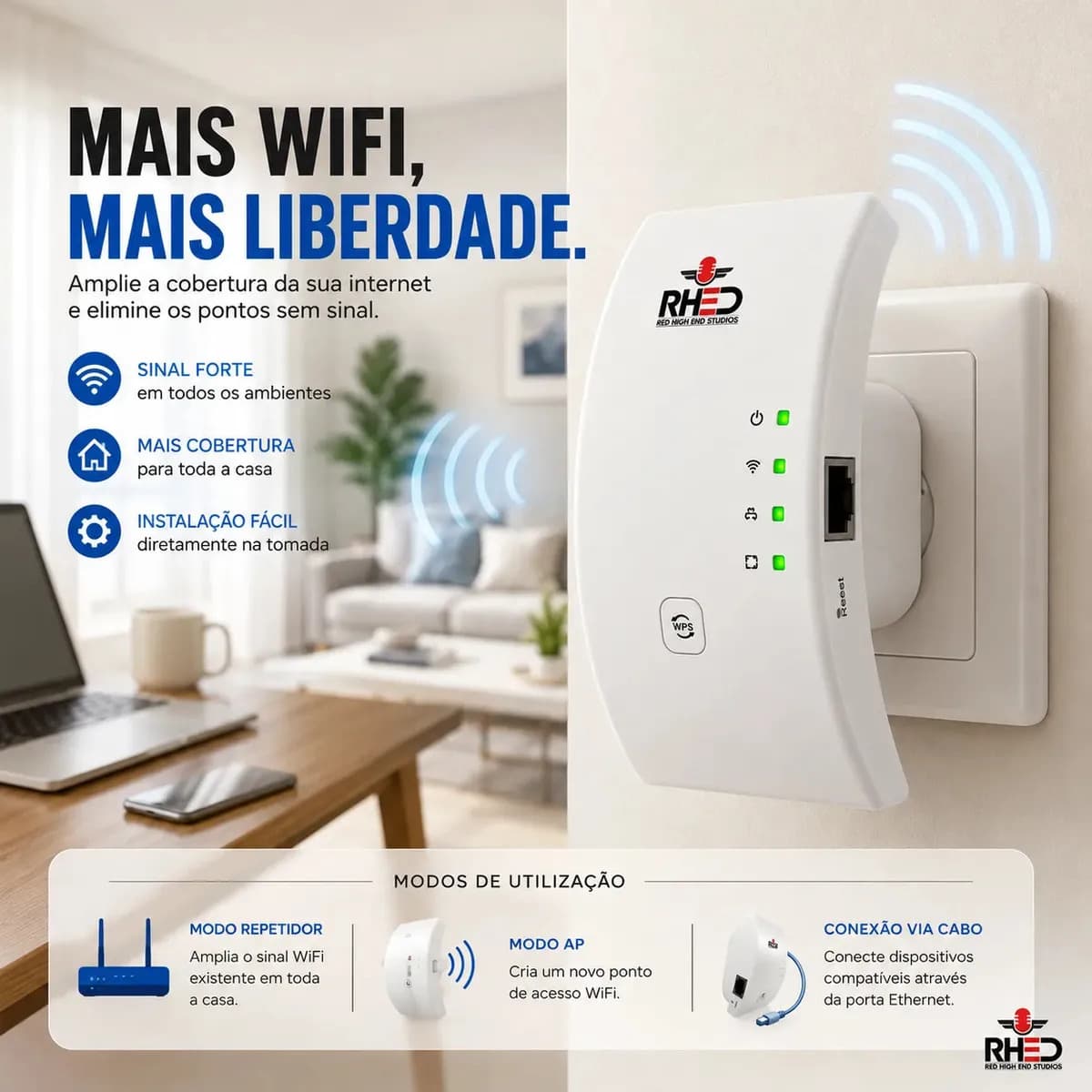 Repetidor De Sinal Wifi Roteador Wireless Amplificador Potente Sem Fio Turbo Cor Branco 1800mbps Longo Alcance Internet Porta Ethernet - RHEAD RED HIGH END STUD