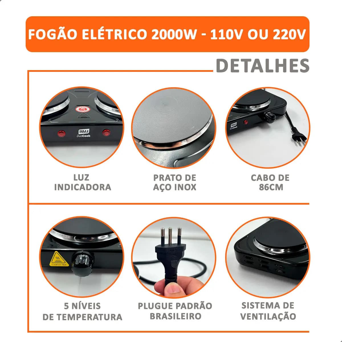 Fogão de Mesa Elétrico INMA de 2 Bocas para Camping e Viagem, em Inox — imagem 5