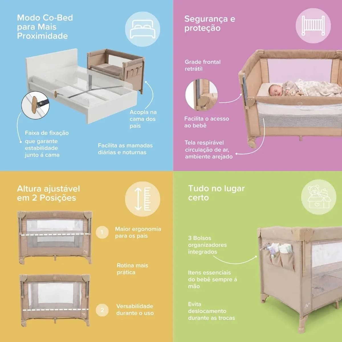Berço Cercado Portátil Bebê Co-bed Acoplado Desmontável 2 Alturas Buddy Maxi Baby - Bege — imagem 4