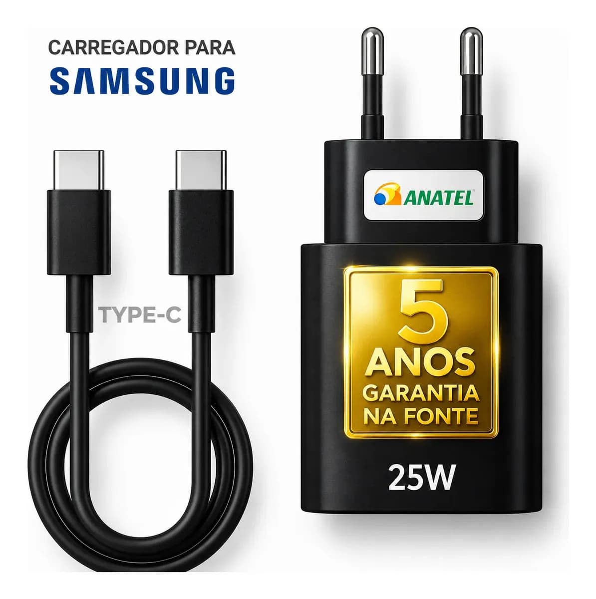 Carregador Super Rápido 25w Para Samsung Galaxy S24 S23 S22 S21 S20 Fe Ultra Motorola M22 M31 M32 M62 M63 M64 G15 Xiaomi Redmi Note 12 13 14 15 LG - Super Fast 