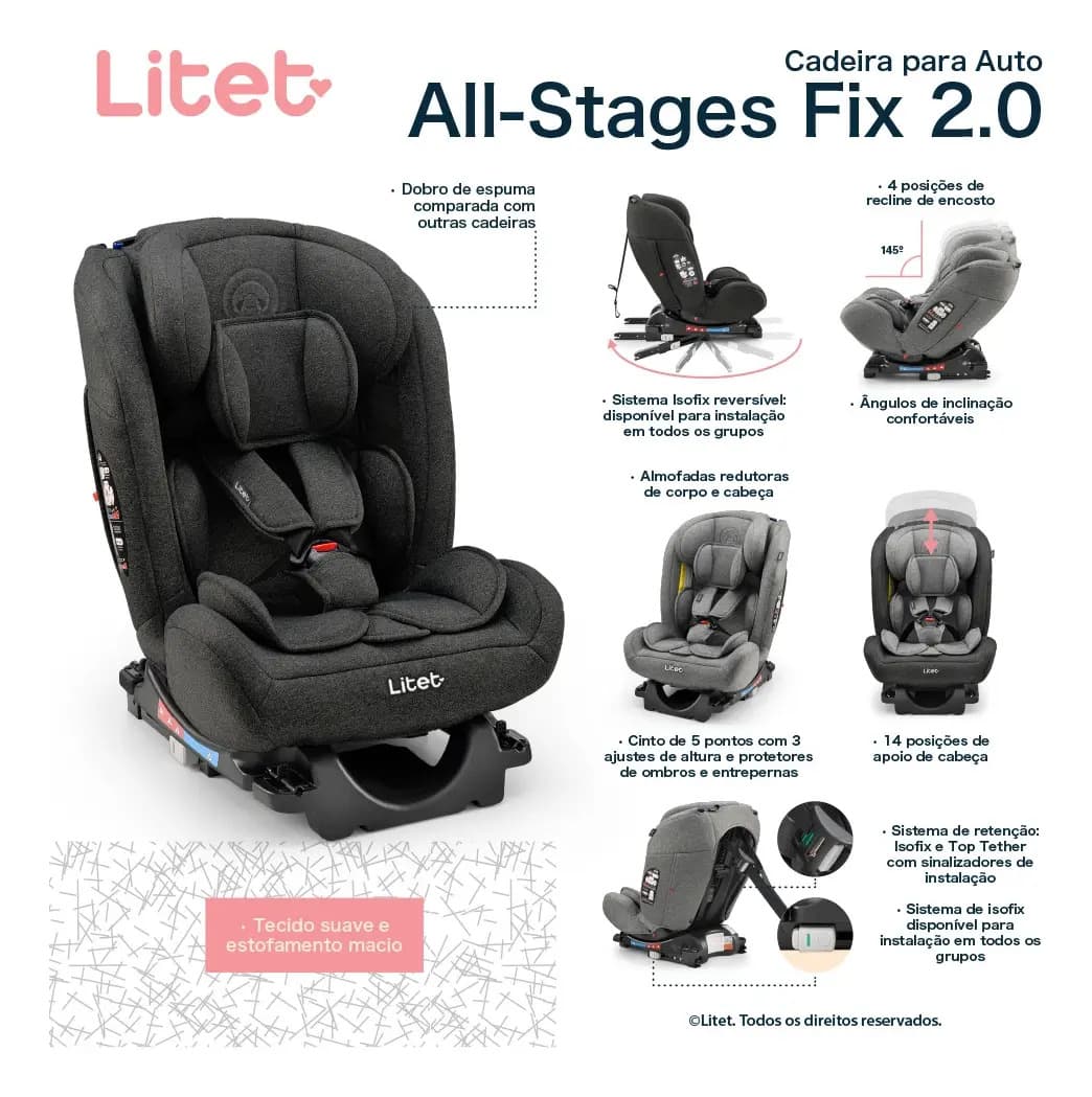 Cadeira De Carro All Stages 2.0 Isofix 0-36kgs Cinza Litet — imagem 3