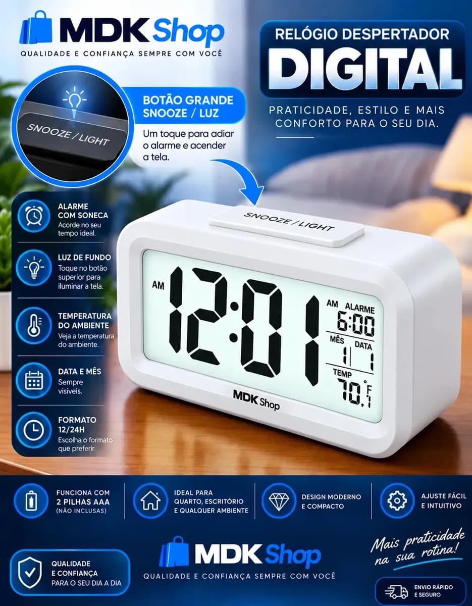 Relógio Digital Mesa Despertador Inteligente Cabeceira Quarto Idoso Com Sensor De Temperatura Micgeek — imagem 2