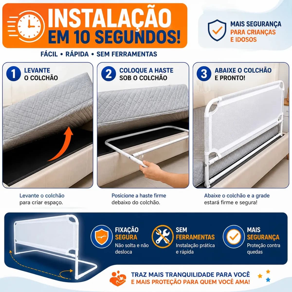 Grade de Proteção para Cama Infantil Pancadão Eletrônicos Branca Aço Dobrável — imagem 5