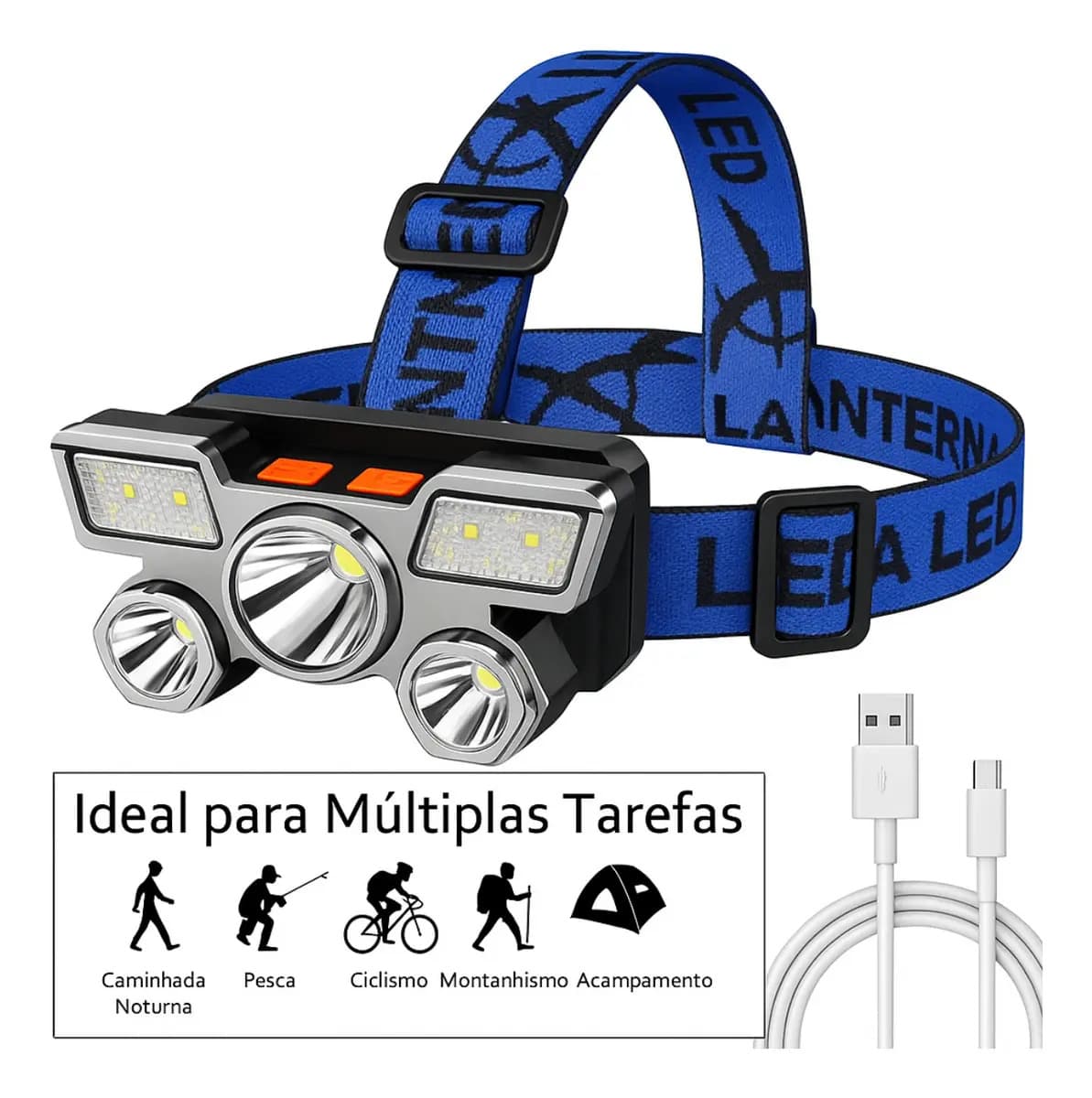 Lanterna de Cabeça YBF Recarregável USB, com 5 Spots e Luz Branco Dourado — imagem 5