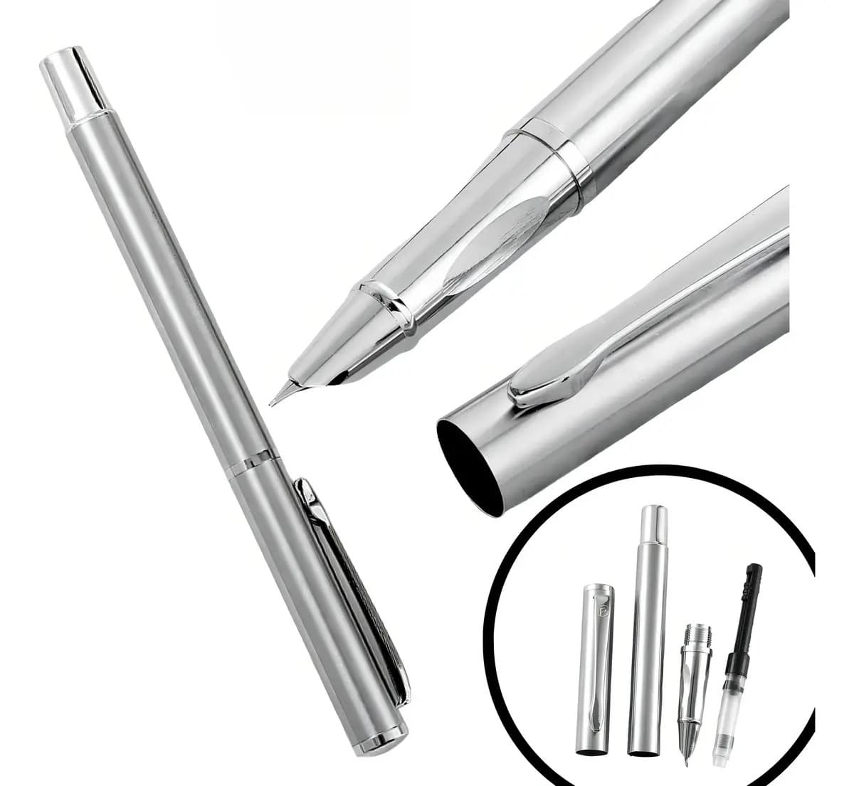 Caneta Prata Pena Tinteiro Presente Luxo Extra Fina 0,38mm