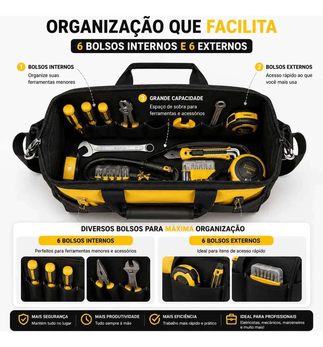 Bolsa Ferramentas Grande Reforçada Manutenção Eletricista Com Alça Laranja — imagem 5
