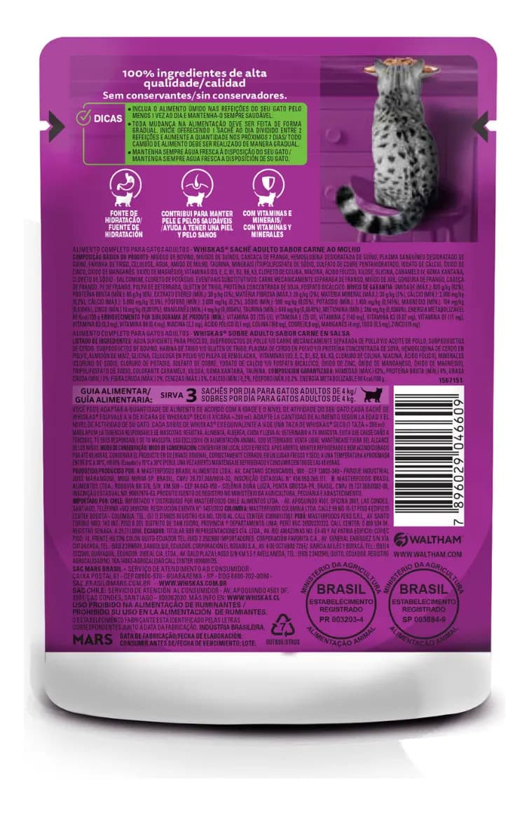 Whiskas Sachê Carne ao Molho para Gatos Adultos KIT 20 unidades de 85 g — imagem 3