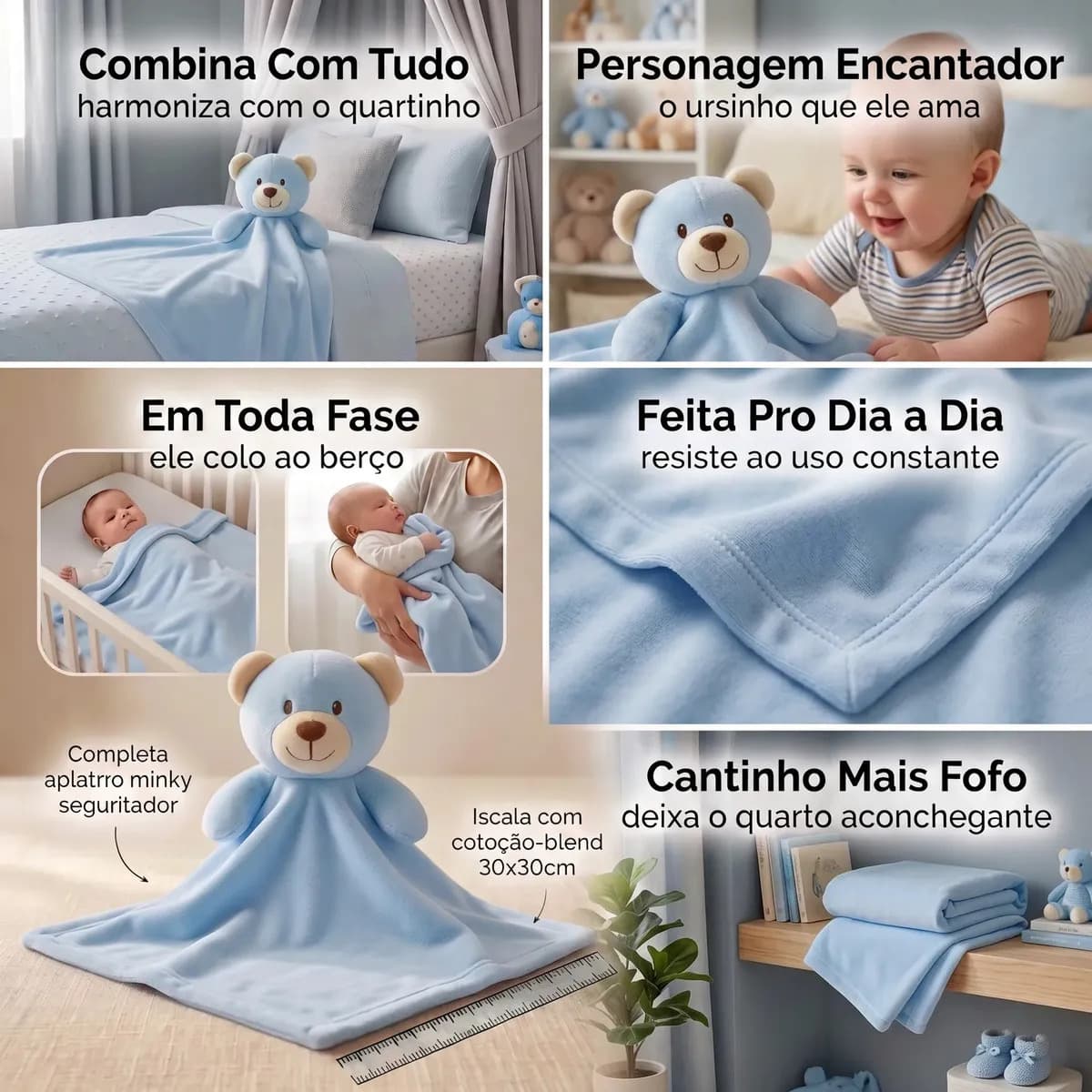 Naninha Ursinho Algodão Doce Bebê Antialérgica Azul Recém-Nascido 0 a 24 Meses Textura Macia Lavável na Máquina Adequada para Secadora 30x35cm Kit com 1 Peça Pr — imagem 4