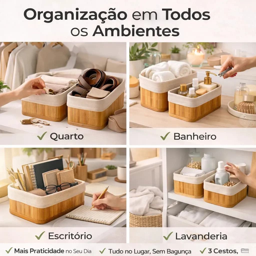 Kit 3 Cestos Organizadores de Bambu Retangulares com Forro Lavável Multiuso Organizar Casa Banheiro Cozinha Guarda-Roupa Lavanderia Armazenamento de Objetos - N — imagem 3