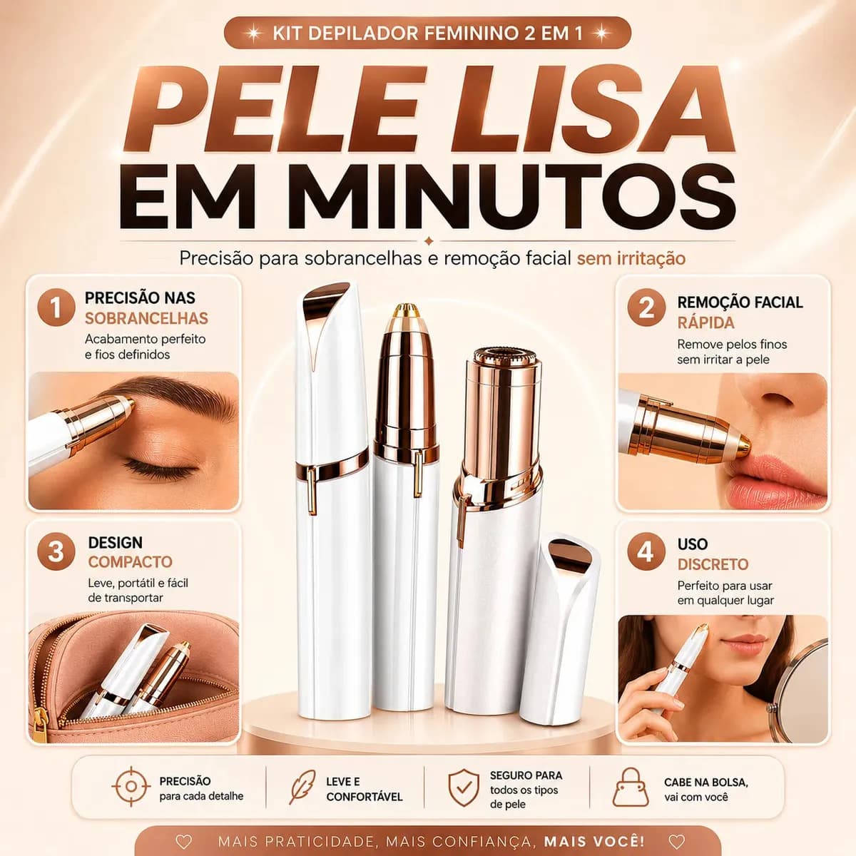 Kit Caneta Depiladora Sobrancelha + Batom Depilador Buço Recarregável Profissional Designer Facial Campus Ecom — imagem 2