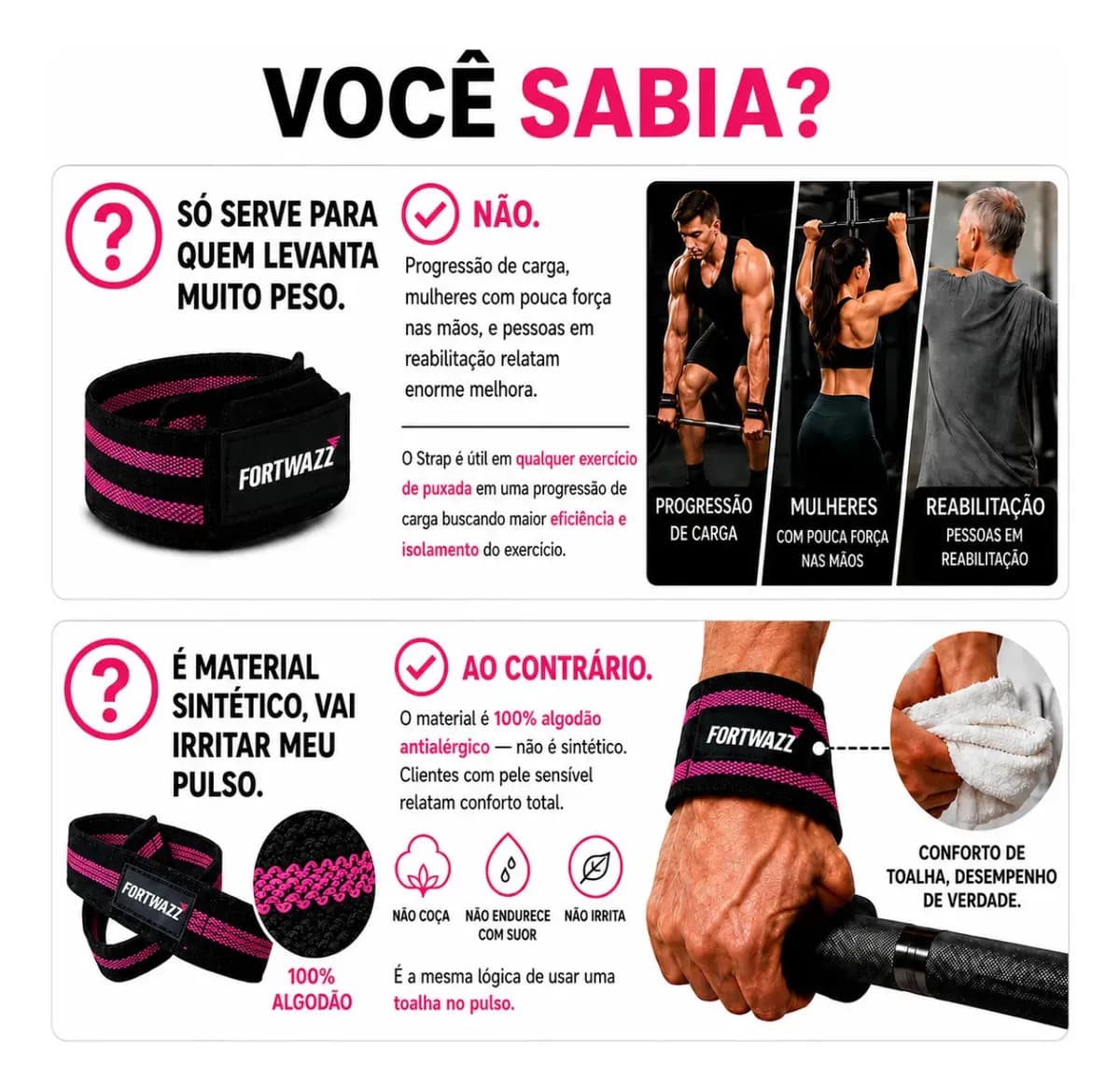 Tala Strap Musculação 100% Algodão Crossfit Cor Tala Strap Preto/rosa Fortwazz ZZ50 — imagem 4