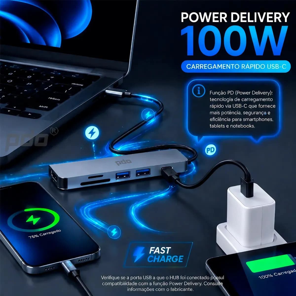 Hub USB-C 6 em 1 PDO com HDMI 4K e 3 Portas USB para Notebook, MacBook e iPad — imagem 6