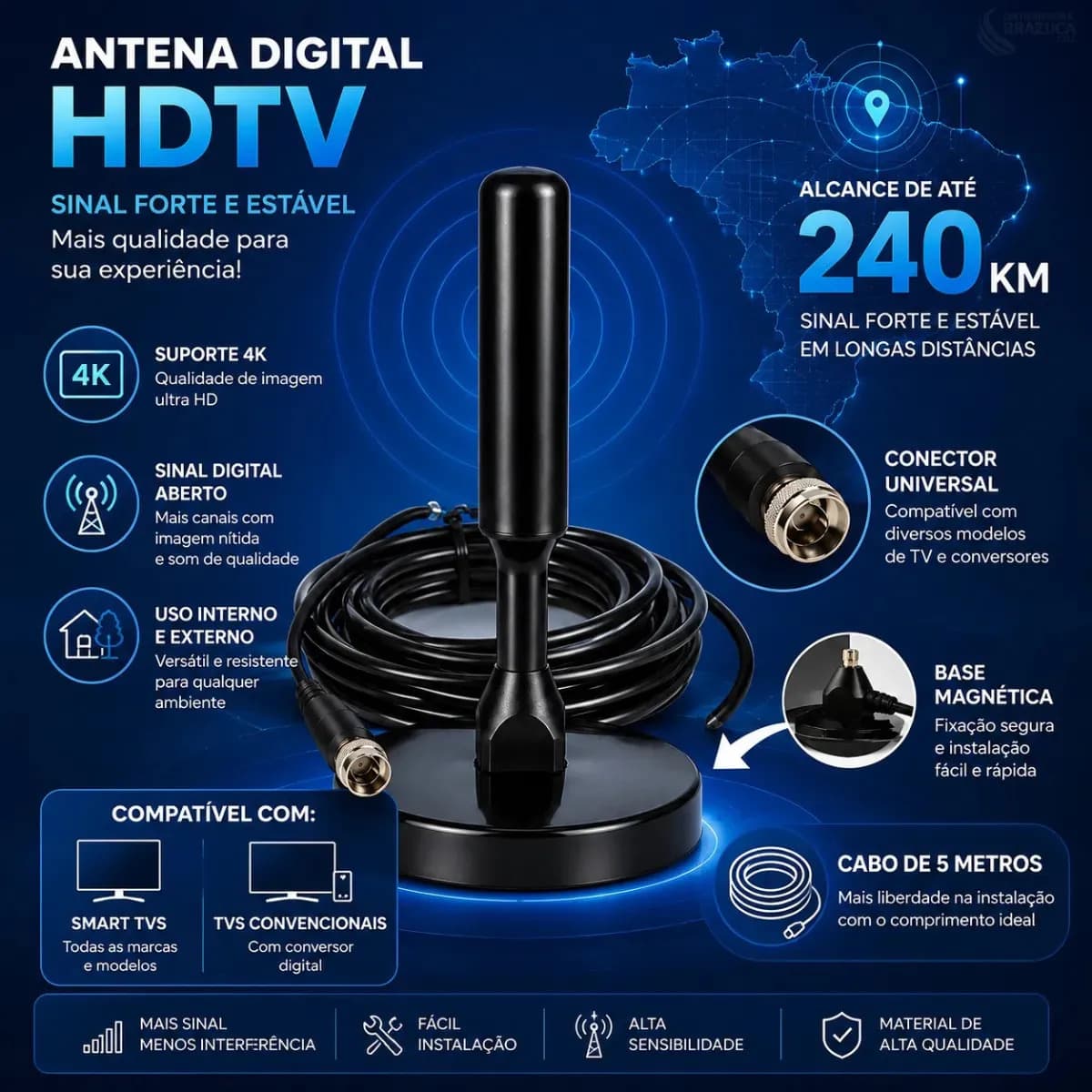 Antena Digital Interna Externa HDTV UHF Com Cabo Longo De 5 Metros Até 240km Com Base Magnetica Distancia Brazuca Cell — imagem 4