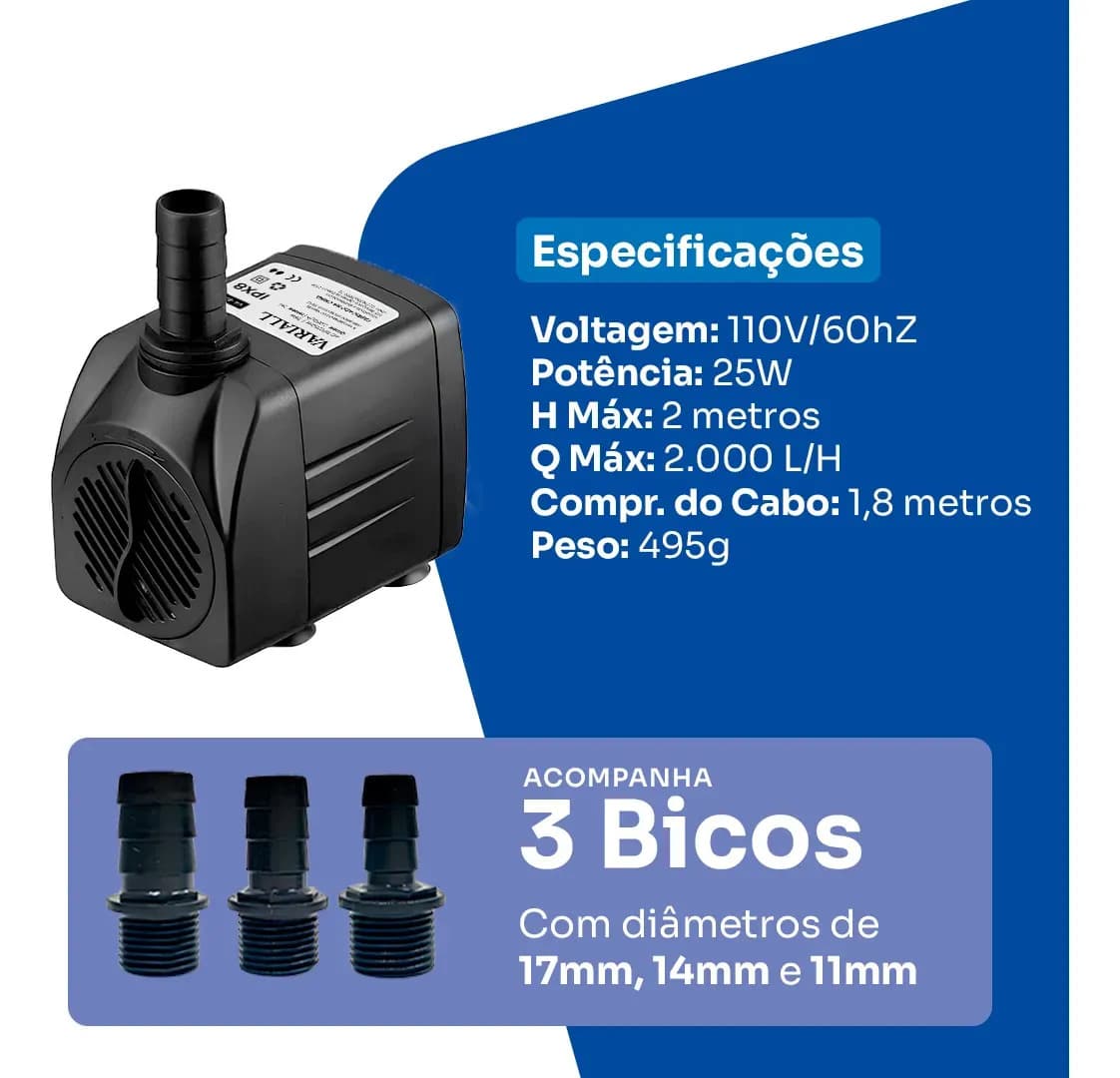 Bomba Submersa 2000l/h 2m Lagos Recalque Fontes Aquários Cascata Chafariz Motor Água Doce Salgada Marinho Fonte Hidroponia Aquaponia — imagem 2