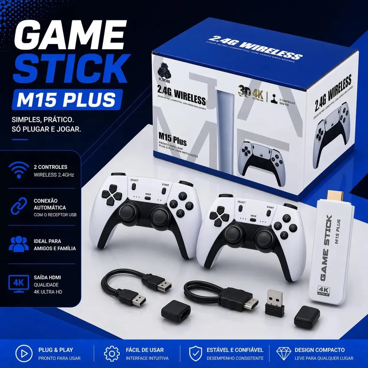 Adaptador Videogame M15 Hdmi 2 Controles Players Branco Bivolt Stick Usb — imagem 3