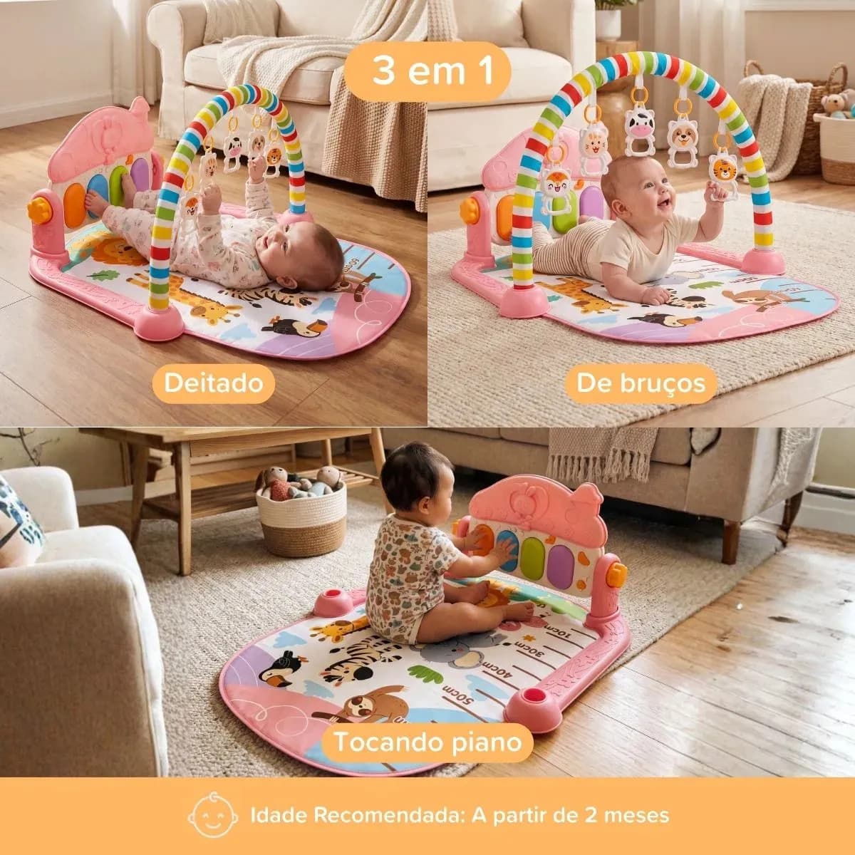 Tapete De Atividades Bebê Piano Musical com 5 Brinquedos Interativos Happy Maxi Baby - Rosa — imagem 3