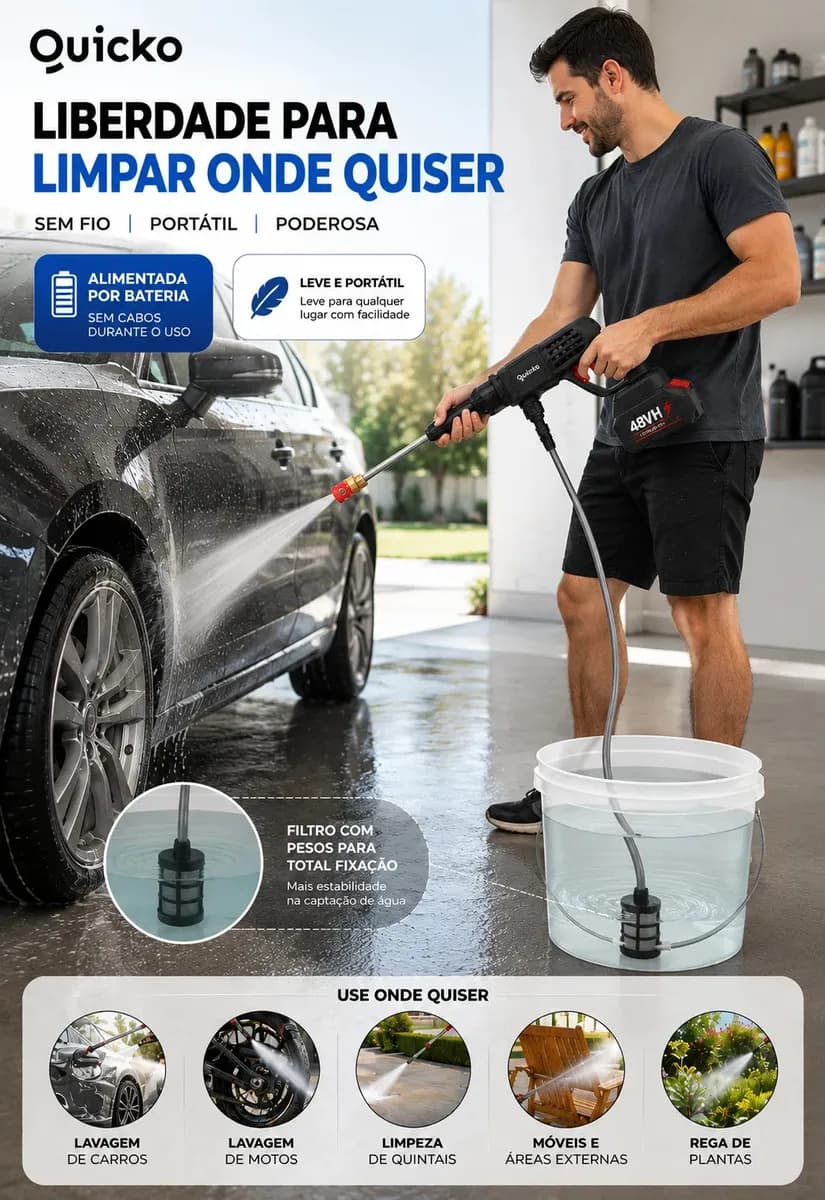 Lavadora De Alta Pressão Vap Portátil Sem Fio Bateria Lava Jato Elétrica Recarregável P/ Lavar Carro Moto Quintal C/ 2 Baterias Quicko Bico Mangueira Dispenser  — imagem 2