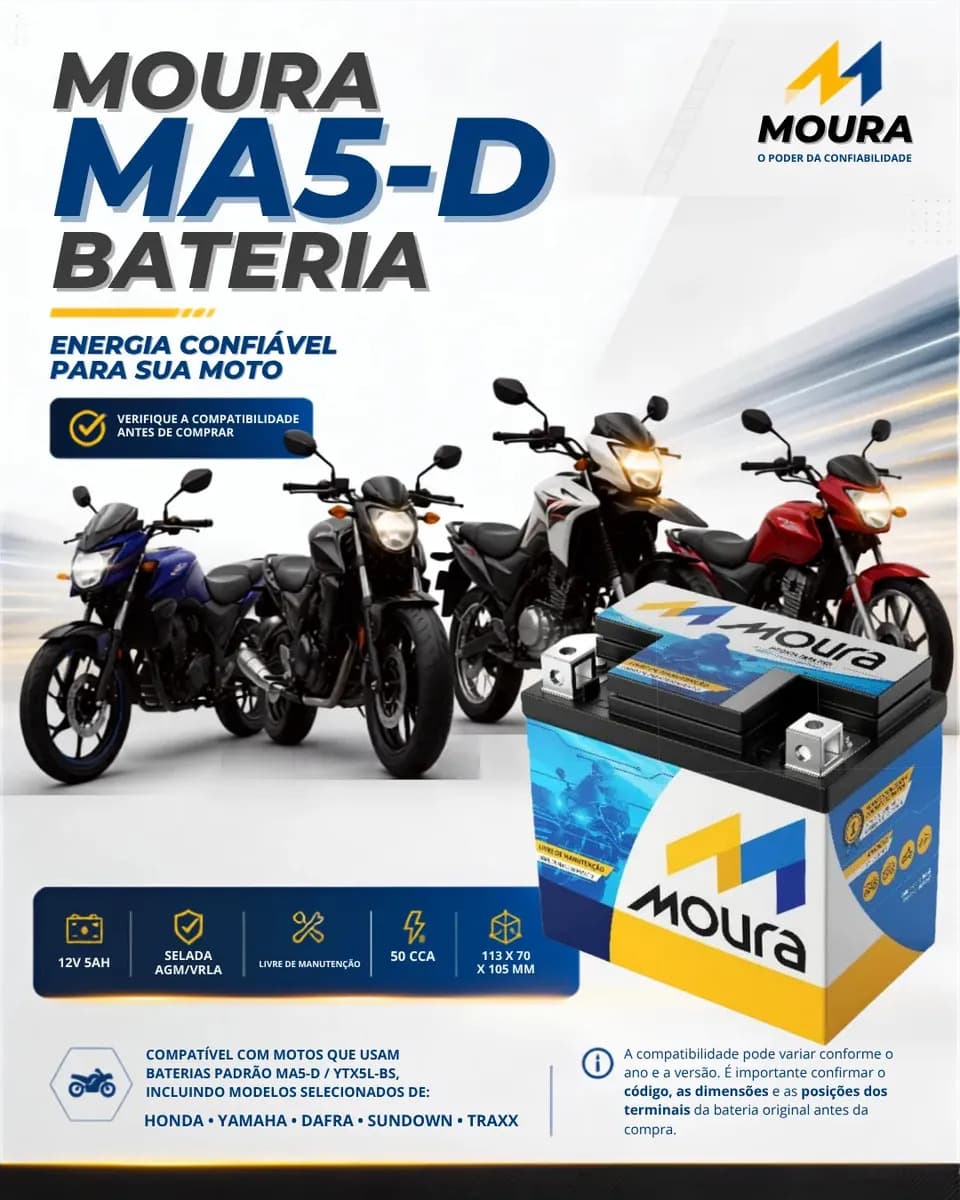 Bateria De Moto Moura 12v 5ah MA5D 12v5ah Moura Moto Titan Fan Biz Bros Fazer Xre Crf Pcx 125 150 160 190 Selada Com Caixa — imagem 2