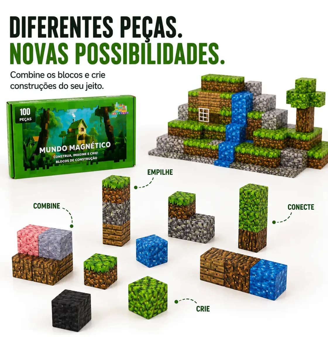 Blocos de Montar Magnético 100 Peças Criativo Mundo De Cubo Construção 3d Infantil Educativo Com Personagens Brinquedo Nanotoyzzz — imagem 3