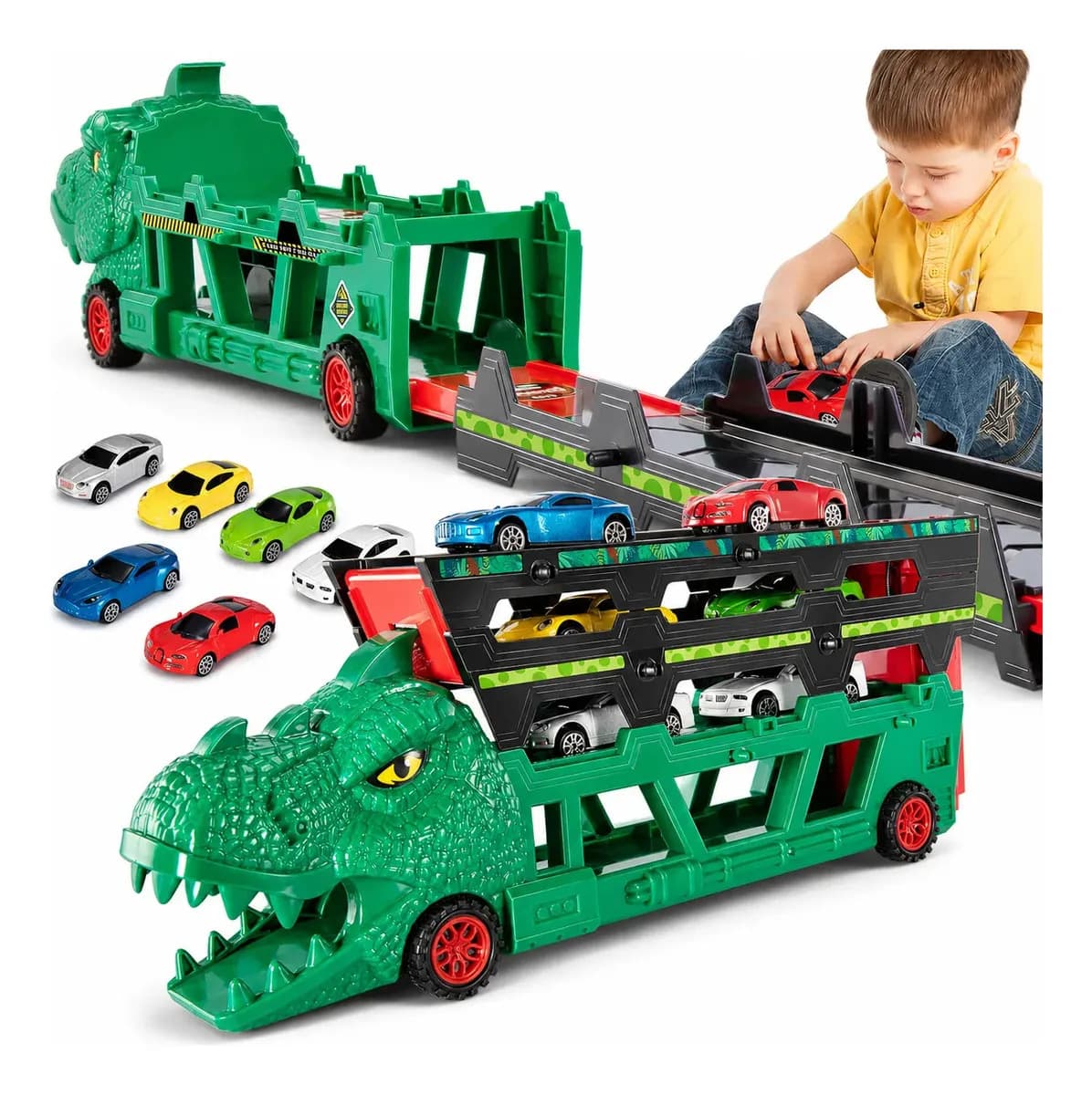 Lançador Dino Dinossauro 6 Carrinhos Brinquedo Infantil Pista De Corrida Super Velocidade Automático Presente Menino 3 anos